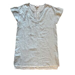 Libby Edelman Women Blu Chambray Grommet Tunic Dress Flutter Sleeve Fringe Hem L